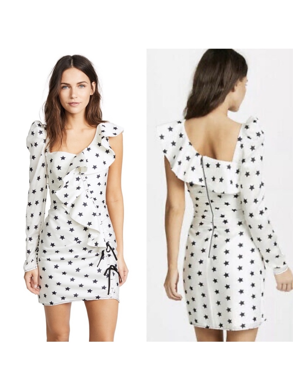 Self-Portrait White Star-Print Asymmetric Ruffle Mini Dress